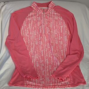 SanSoleil SolTek UPF 50 Long Sleeve Cooling Golf Top - Pink/White Pebble Mock